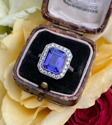 Art Deco Tanzanite & Diamond Cluster Platinum Ring 0.65ct + 4.55ct • £3850