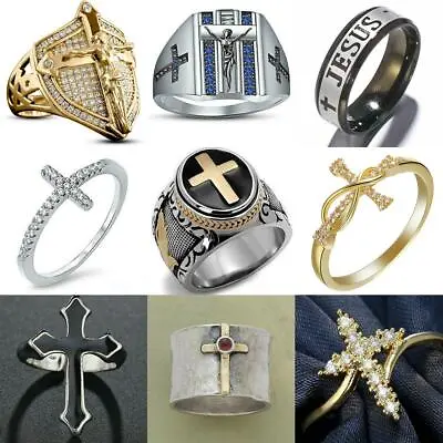Christian Jesus Cross Ring For Men Women 925 Silver Gold Faith Hope Love Rings • $1.76