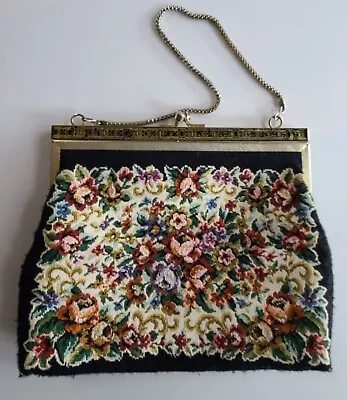 Vintage Petit Point Needlepoint Purse Floral Kiss Clasp Bag By La Regale HK • $12