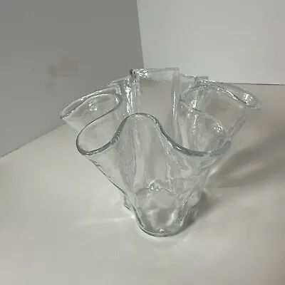 Muurla Finland Clear Ruffle Handkerchief Vase 4  Vintage MCM Hand Blown Glass • $39