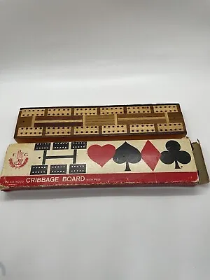 Vintage F.C. Inlaid Wood Cribbage Board With Pegs & Original Box • $11