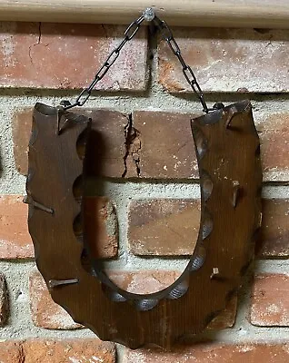 Primitive Wood Hanging Wall Lucky Horseshoe W Old Farmer’s Nails Key Rack USA • $10.95