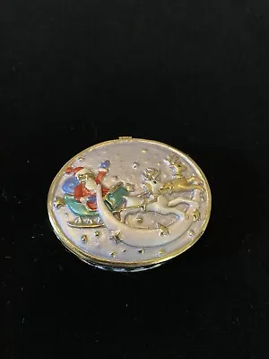 Hinged Enamel Trinket Box Christmas Santa Claus Sleigh Reindeer • $12