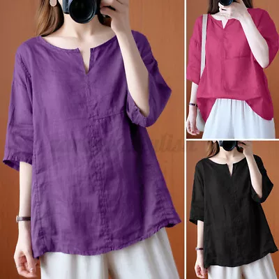 ZANZEA Womens 3/4 Sleeve O Neck Blouse Spring Vintage Solid Shirts Tops Oversize • $18.93