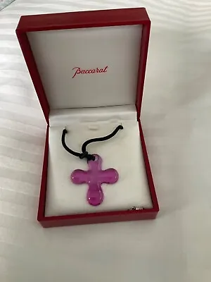 Baccarat Glass Pink ‘cross’ On Black Band With Clasp Necklace VGC • £35