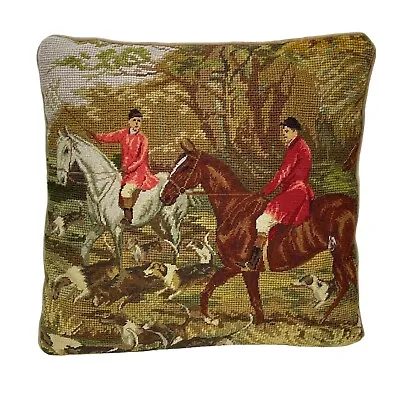 Steinwinder Fox Hunt Pillow Tapestry Dogs Horses 12  X 12  Vintage AS IS - Flaws • $45