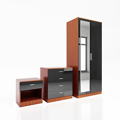 Bedroom Furniture Set High Gloss Wardrobe Chest Of 4 Drawers Bedside Cabinet • £220.98