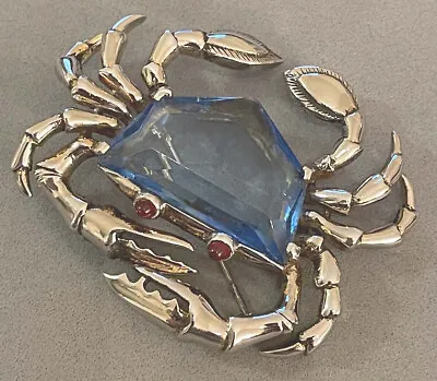 Super Rare Vintage MAZER BROS Pentagon Blue Crystal Red Cabochon Eyes Crab Pin • $1200
