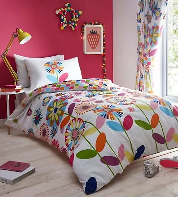 £16.99 • Buy CANDY BLOOM Colourful Floral Check Bold Reversible Duvet Quilt Cover Set Bedding