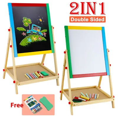Wooden White Board And Chalk Board Art Kids Drawing Easel Adjustable Free Stand • £15.99