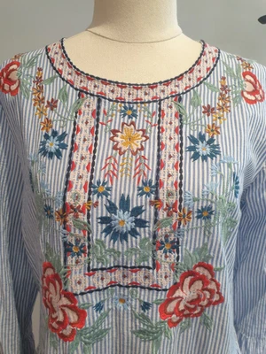 $8 • Buy SPORTSGIRL Dress Size 12 Blue Stripes Embroidered Floral Garden