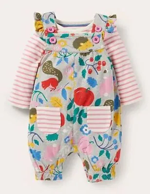 Girls Mini Boden Dungaree & Bodysuit Set Forest Friends Baby Age 0 - 6 Months • £10.95