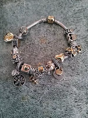 Genuine Pandora 14ct Gold & Silver Bracelet With 16 Retired Charms Used.... • £51