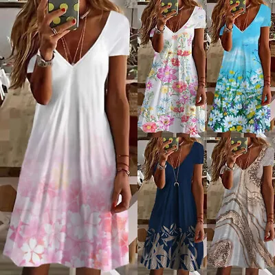 $17.89 • Buy ⭐⭐Women Boho Floral V Neck Mini Dress Ladies Short Sleeve Holiday Beach Sundress