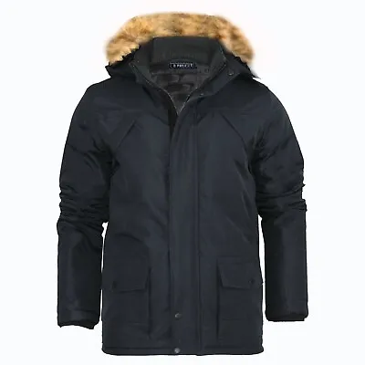 Men's Heavy Parka Jacket Winter Warm Detachable Fur Coat Zip Up Outwear Lined • £36.99