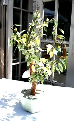 Vintage Large Chinese Jade Glass Flowering Bonsai Tree Asian Green Yellow • $99.99