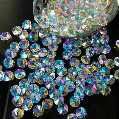 £7.86 • Buy 100pc 2-Hole Clear Octagon Crystal Glare -Bead For Chandelier Prisms Facet 14mm
