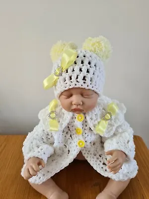 Hand Crochet Newborn Baby Girls  Cardigan/ Coat And Double Pom Pom Hat Set  • £20.50