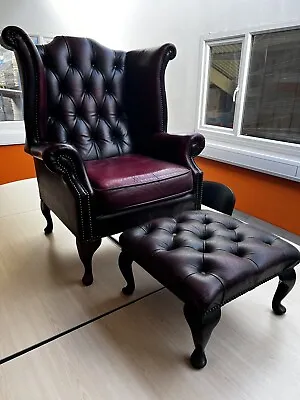 Chesterfield Queen Anne High Backed Wing Chair Ox Blood Red Leather & Footstool • £125