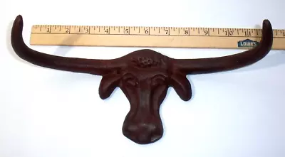 Vtg Cast Iron Longhorn Cow Steer Horns Coat Hat Or Towel Rack Man Cave Farmhouse • $21.60