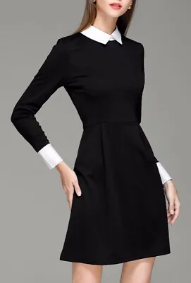£17.99 • Buy Womens Black White Peter Pan Collar Long - Sleeve Skater Block Shift Mini Dress 
