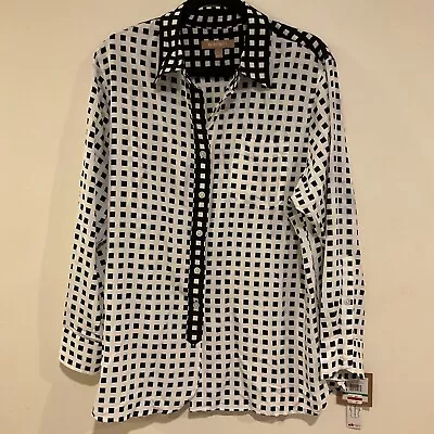 ELLEN TRACY Sz L Large LONG SLEEVE BUTTON DOWN BLOUSE WHITE BLACK Squares NWT • $12.99