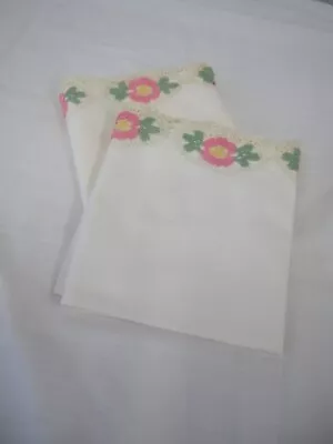 Vintage Linens White Embroidered Pillowcase Pink Green Floral Embroidery • $11.99