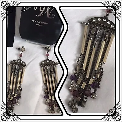 Martine Wester Diamante Purple And Clear Chain & Bead Tassel Earrings New • £14.99