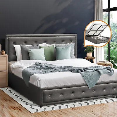 $299.90 • Buy Oikiture Bed Frame Queen Double King Single Size Gas Lift Base W/ Storage Grey