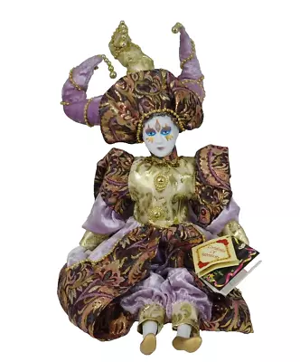 Harlequin Jester Porcelain Doll Mardi Gras Gold/Lavender Brocade Gold Beads 21  • $22.39