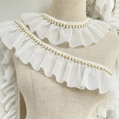 1 Yard Beaded Lace Pleated Chiffon Fabric Trim DIY Wedding Dress Edging Clothing • £3.99