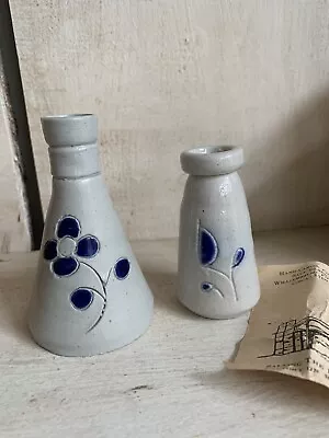 Williamsburg Pottery Virginia Salt Glaze Stoneware Bud Vases Blue Flower/leaf • $14