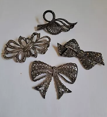 Vintage 4 Sterling Silver Marcasite Bow & Ribbon Brooches • $25