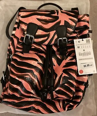Zara Pink Black Zebra Print Real Leather Backpack Bag BNWT • £45