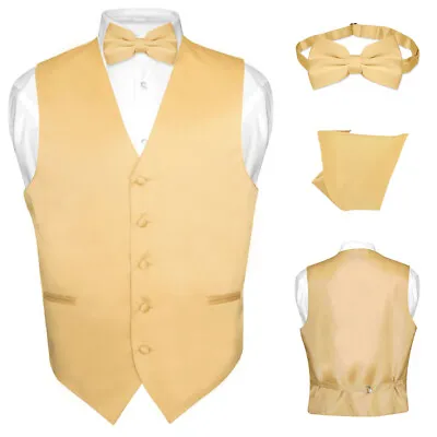 Men's Dress Vest BOWTie Hanky Solid GOLD Color Bow Tie Set For Suit Or Tuxedo • $24.95