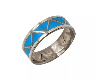 Zuni Hand Crafted Band Sterling Silver Turquoise Inlay Band Ring Size 6-14 • $34