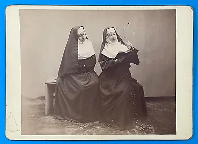 Two Nuns In Habits Reading Book Large Rosary Studio Portrait Vintage Photograph • $38
