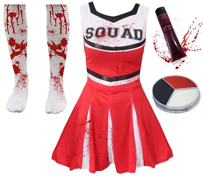 Red Zombie Cheerleader Costume Halloween Fancy Dress Girls Childs School  • £15.99