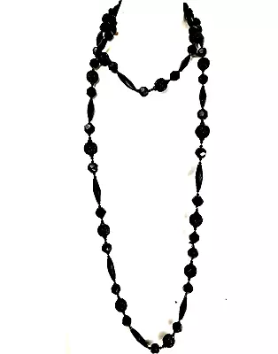74 Inches Antique Victiorian Glass Jet Bead Mourning Necklace  Edwardian • $69.99