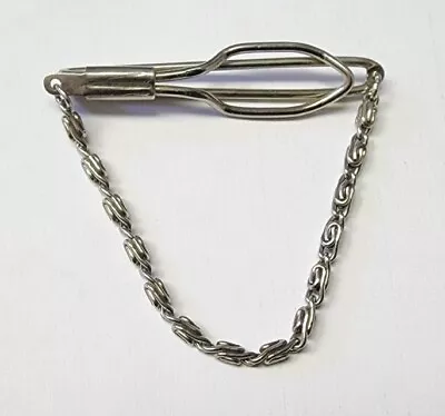 $6.39 • Buy VINTAGE TIE BAR CLIP CLASP STAY Silver Tone W/ Chain • Classic Style