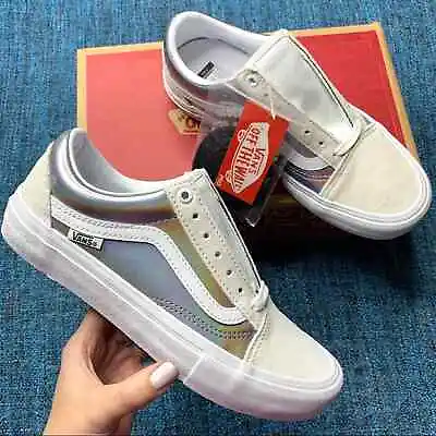 Vans Old Skool Pro Iridescent Silver Sneakers White Metallic Mens 6 Or Women 7.5 • $54.99