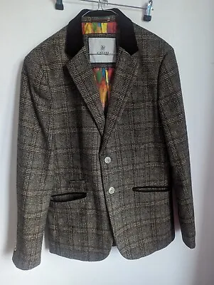 Cavani Brown Tweed Jacket Velvet Collar Graphics Multi Lining Size 38R (G25) • $43.50