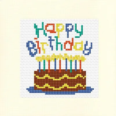 £4.59 • Buy Happy Birthday Cake Blue + Orange Cross Stitch Card Kit 5.5  X 5.5  - 14ct CREAM