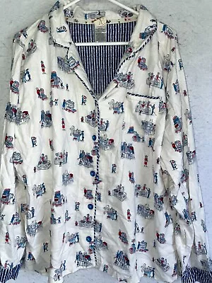 Munki Munki Flannel PJ Top Womens XL White Blue Costco Shopping 100% Cotton • $15.99