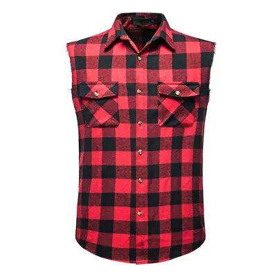 Men's Tartan Plaid Sleeveless Shirt Collared Button Down Tops Blouse Pockets • £24.54