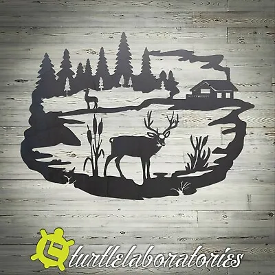 Deer And Cabin Scene Scene Metal Wall Art Hanging Home Decor • $135