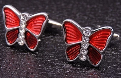 £6.95 • Buy Red Diamante Butterfly Cufflinks Wedding Dress Shirt Insect Fly Uk Seller