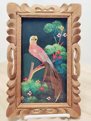 Vtg Handmade Mexican Feathercraft Parrot & Hand Carved Frame Signed Mexico • $18.55