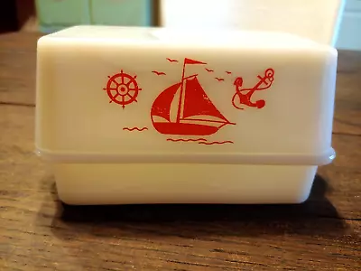Vtg. McKee Milk Glass Red Sailboat Butter Dish 1lb • $29