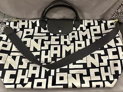 Longchamp Le Pliage LGP Handbag Strap Tote Bold Graphic Motif Black White Paris • $125